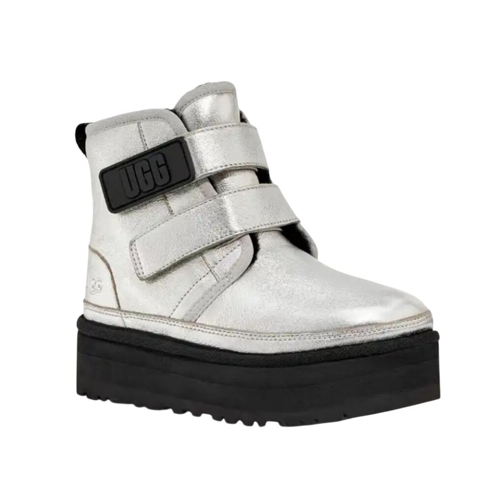 UGG Neumel Platform Leather Silver Metalic Size 6